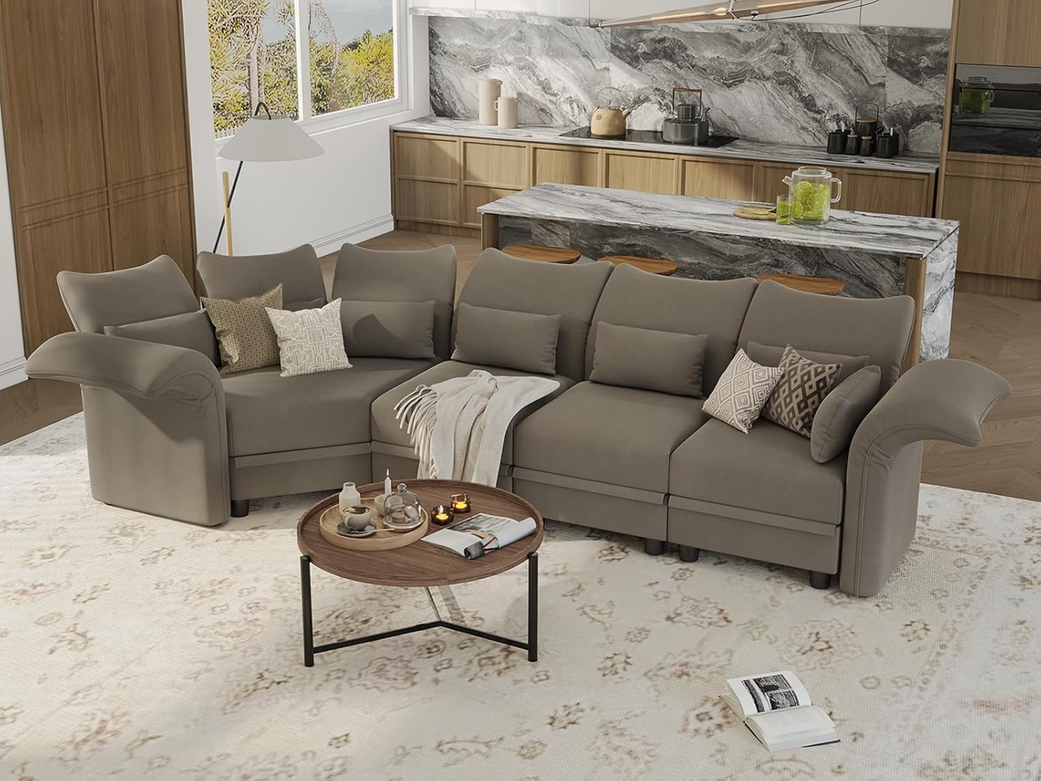LLappuil Velvet Modular Sectional Sofa L Shaped Corner Couch with Storage Chaise, 142.2" 4-Seater Sofa with Big Ottoman
