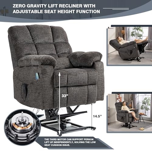 Light Grey Recliner Chair for Elderly | Tall and Big Man 400lbs | Chenille | Power Lift, Lay Flat, Stand Up, Wireless Charging Device