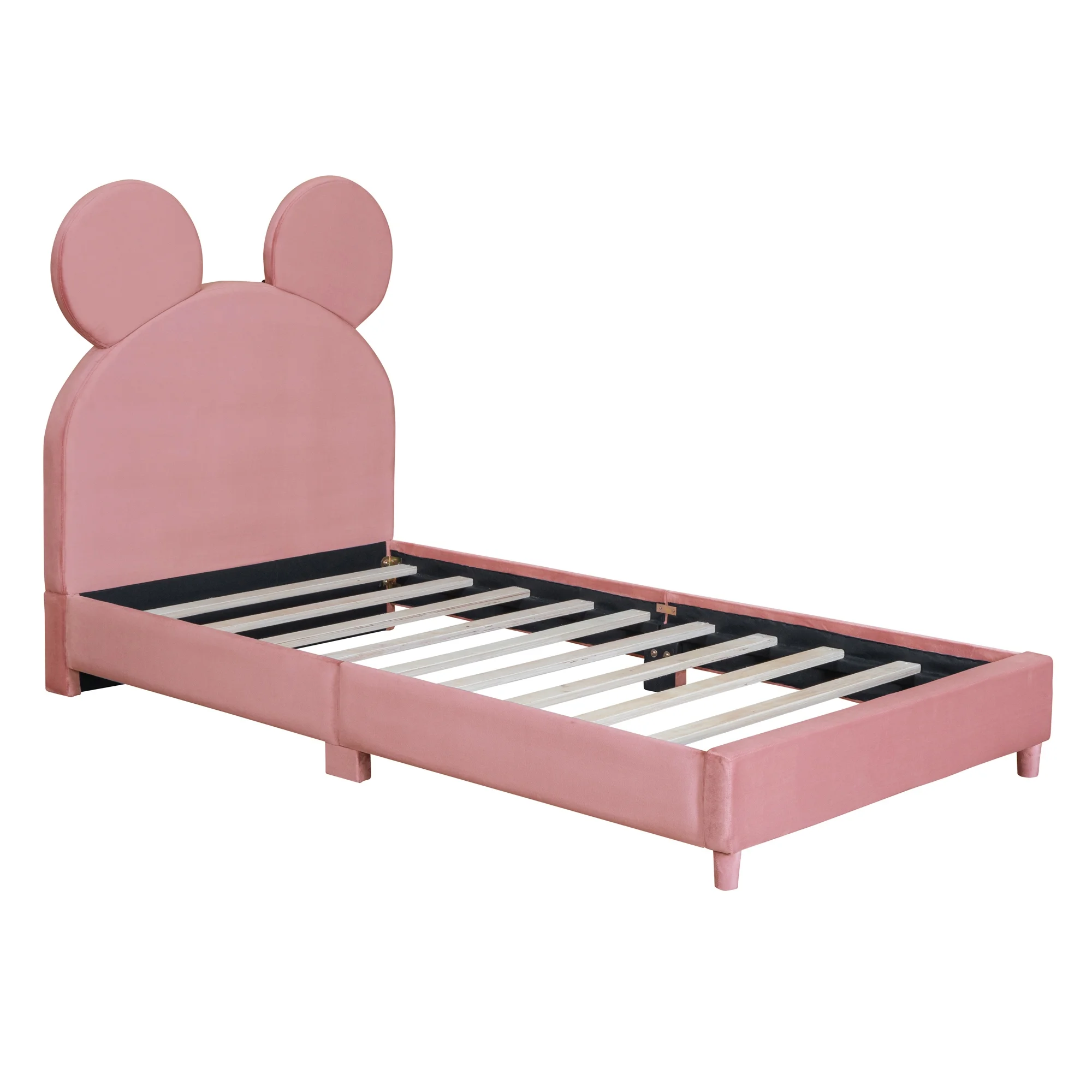 uhomepro Upholstered Twin Size Bed Frame, Platform Bed Frame with Upholstered Bear Ear Shaped Headboard, Wood Slat Support, No Box Spring Needed, Pink