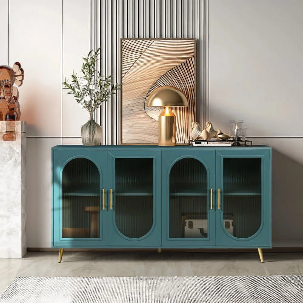 Motent Wood TV Stand with Storage Cabinet & Adjustable Shelves, TV Stand for 65+ Inch TV, Media TV Console for Living Room Bedroom, Antique Blue