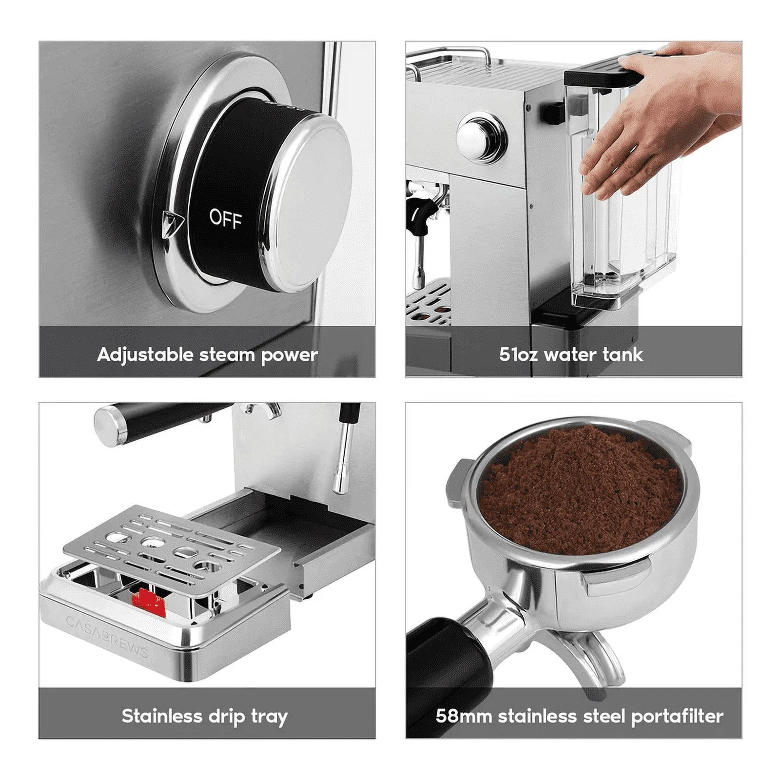 Casabrews 20 Bar Espresso Machine, One-Touch Americano Brewing, 51oz Removable Water Tank, Silver, New