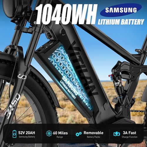 VITILAN T7 PRO 1600W Peak Electric Bike for Adults Fat Tire Ebike, 52V 20AH Removable Battery Max Range 80Miles & 35MPH