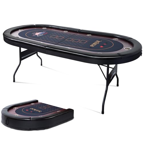 LED Poker Table, 10 Player Foldable Texas Holdem Table w/Inlaid LED Light, 2 USB & 2 Type-c Ports