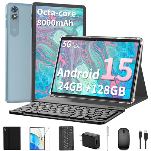 2025 Android 15 Tablet with Keyboard, 24GB+128GB+2TB Expand, 10.1 Inch Octa-Core 2-in-1 Tablets with 5G/2.4G WiFi, 8000mAh, BT5.0, GMS Certified