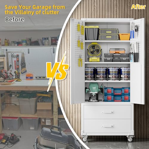 Aobabo 71" H×32" W×16" D Metal Storage Cabinet with Wheels, Garage Steel Storage Cabinet with 5 Adjustable Shelves and 4 Hooks for Home Office