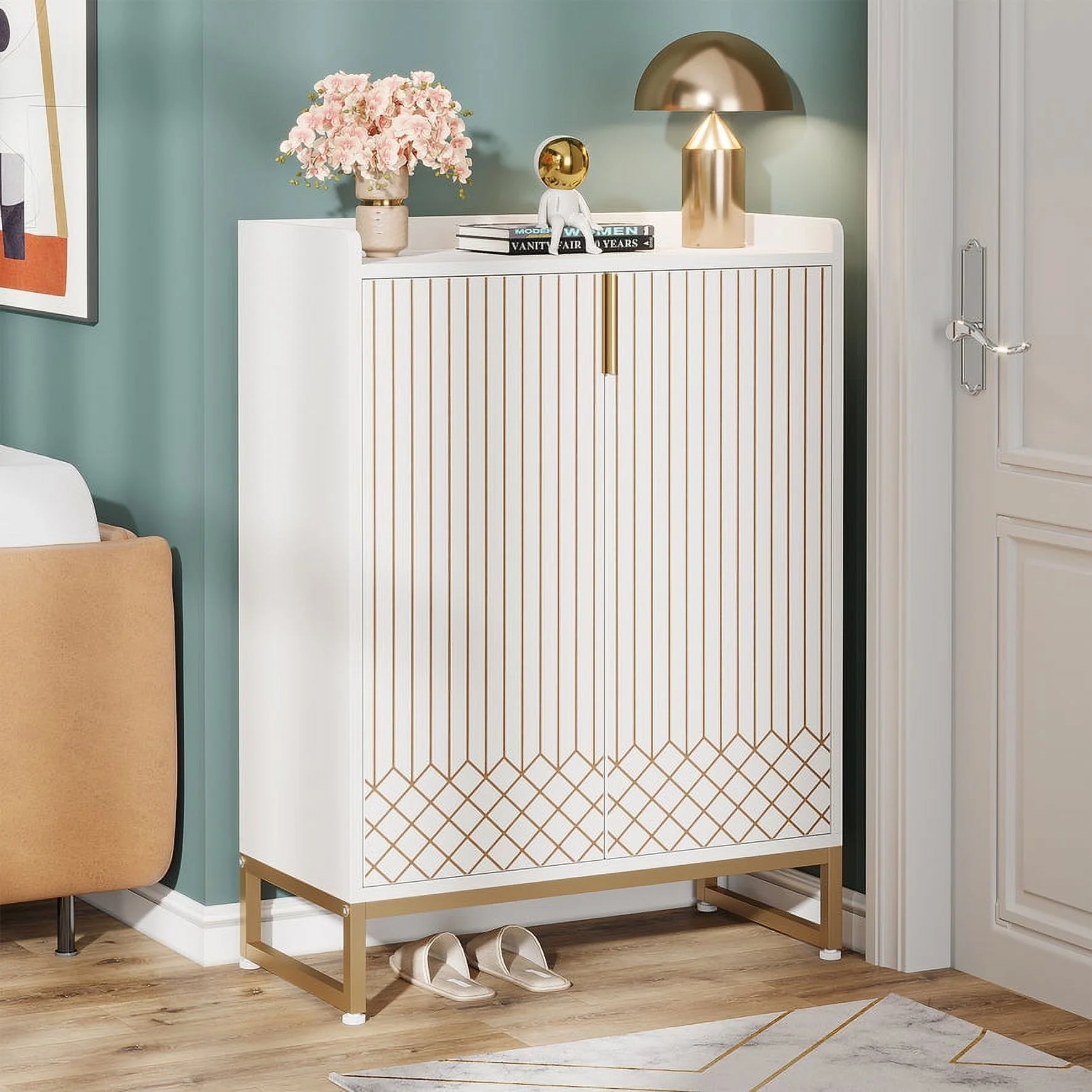 Tribesigns Shoe Cabinet for Entryway, 25 Pairs Shoe Cabinets with Doors, 5-Tier Wood Shoes Rack Organizer, White and Gold