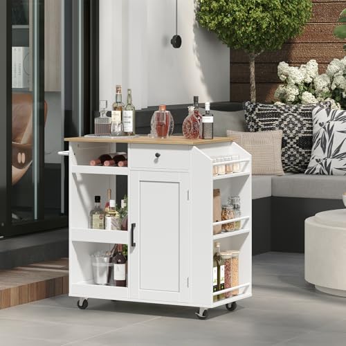 Kitchen Island with Power Outlet, Kitchen Storage Island with Drawer, Rolling Kitchen Cart on Wheels, Spice Rack, Towel Rack, Wine Rack