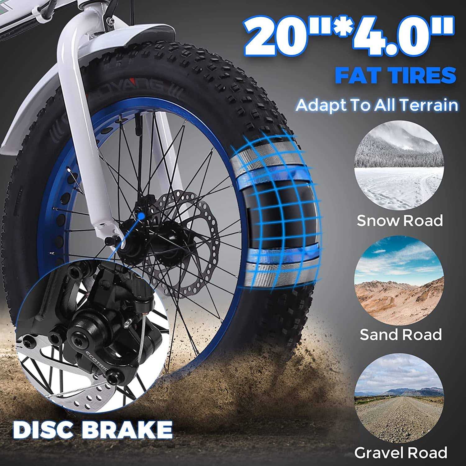 Ecotric Electric 20 inch x 4.0 Fat Tire Folding Bicycle 20mph 810 LED Display Removable Lithium-Ion Battery Beach Mountain Snow Electric Bike Moped
