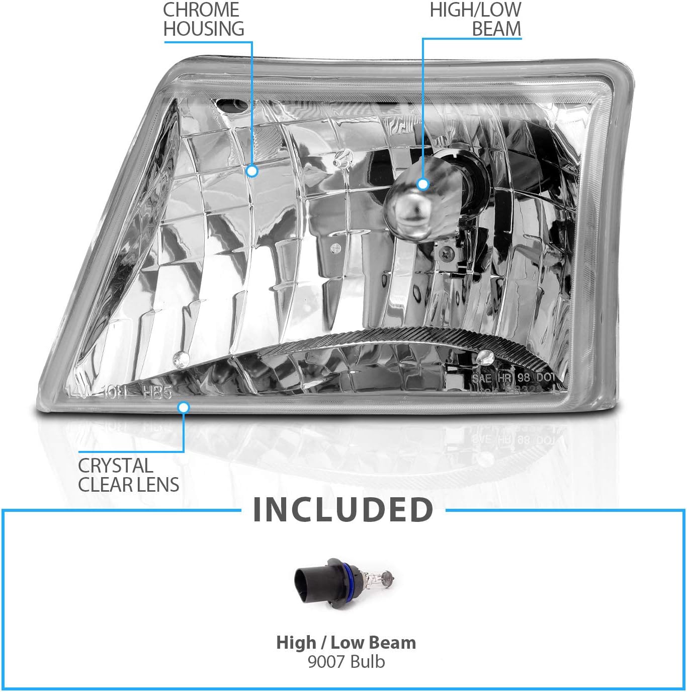AmeriLite Crystal Replacment Headlights Pair for 1998 1999 2000 Ford Ranger Pickup - Passenger and Driver Side