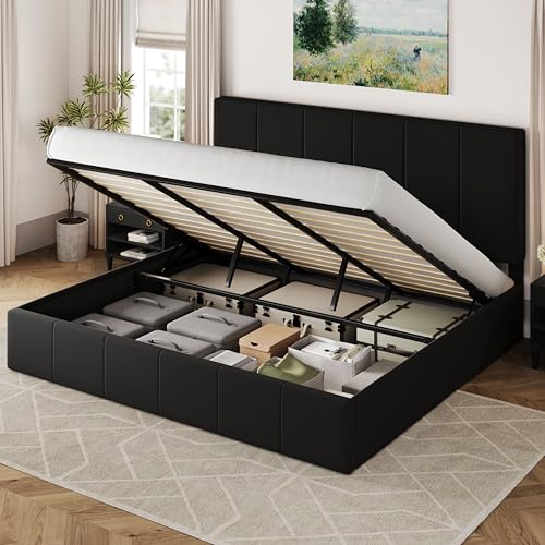 Allewie Queen Size Velvet Lift Up Storage Bed Frame, Vertical Channel Tufted Headboard, Hydrualic Underneath Storage, Upholstered Platform Bed