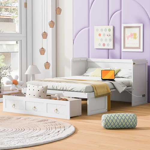 Harper & Bright Designs Full Size Murphy Bed Wall Bed, Solid Pine Murphy Bed Chest Cube Cabinet Bed with USB