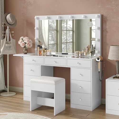55" W Vanity Desk, Makeup Vanity with Charging Station, 15 Drawers with Lighted Mirror, 3 Lighting Modes, Brightness Adjustable, Glass Top