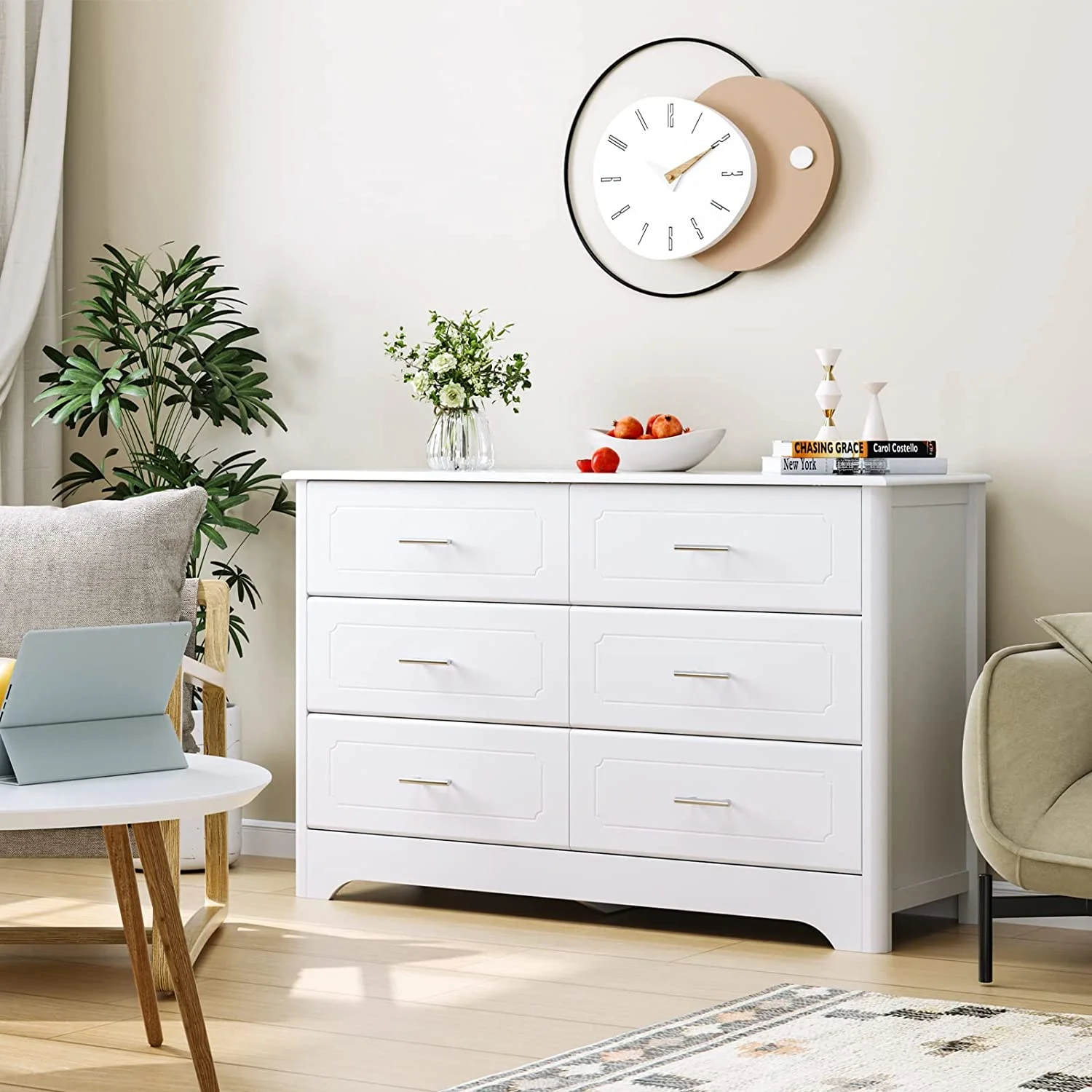Drawer Dresser for Bedroom  Modern White Dressers  Wide Chest of Drawers with Metal Handels  Wood Storage Dresser Chest for Bedroom  Closet  Hallway