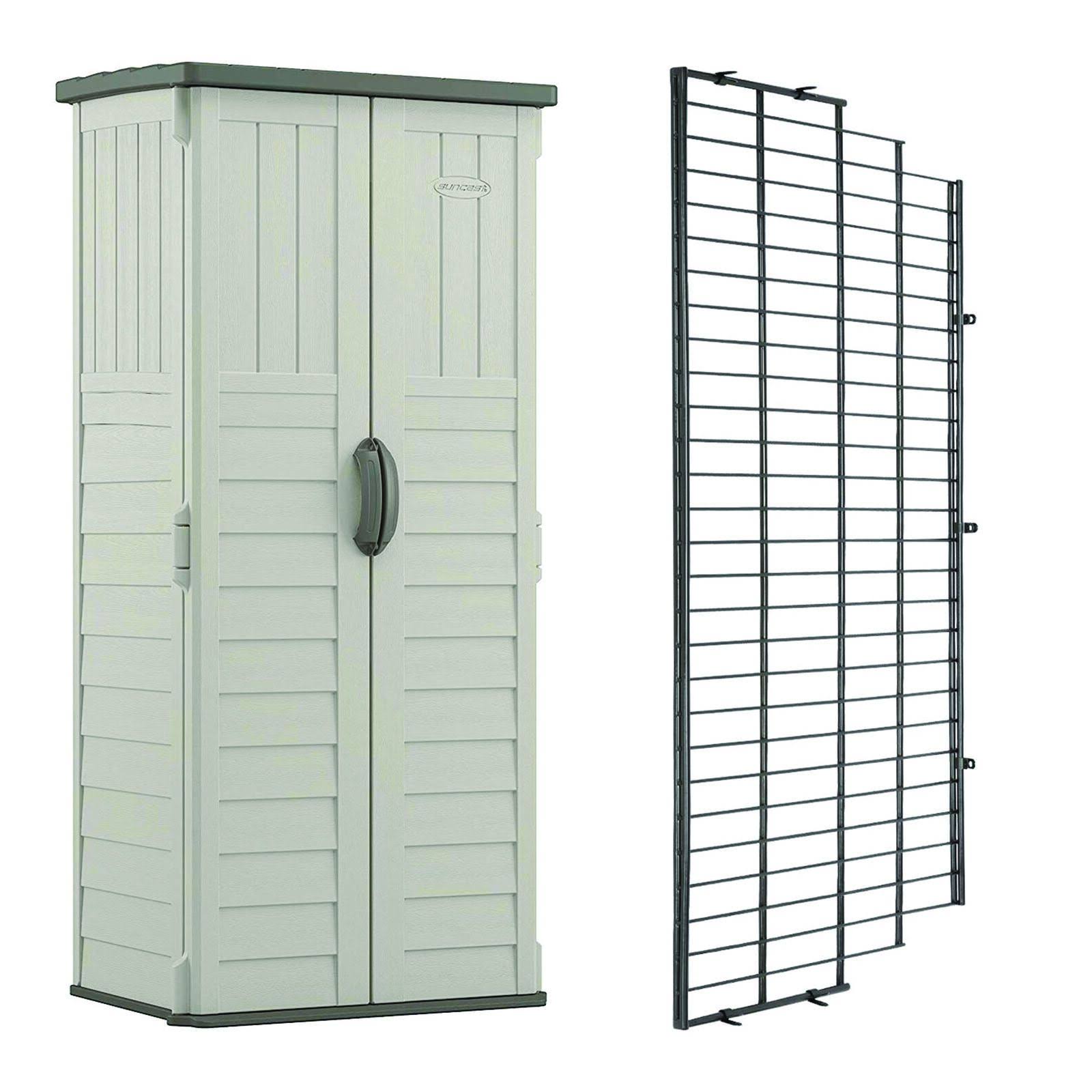 Suncast Vertical Storage Shed Building Bundled w/ Metal Wire Shelf Rack Shelving