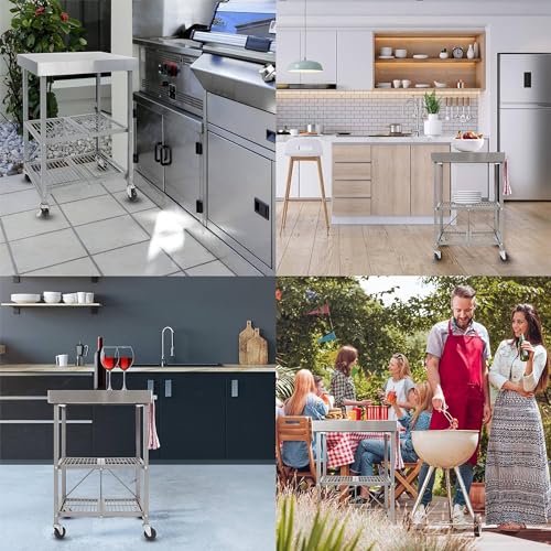 Origami Folding Kitchen Cart on Wheels, 3-Tier Foldable Rolling Cart - Chefs Outdoor Cart for Wine and Food, Microwave Cart, Plating Shelf