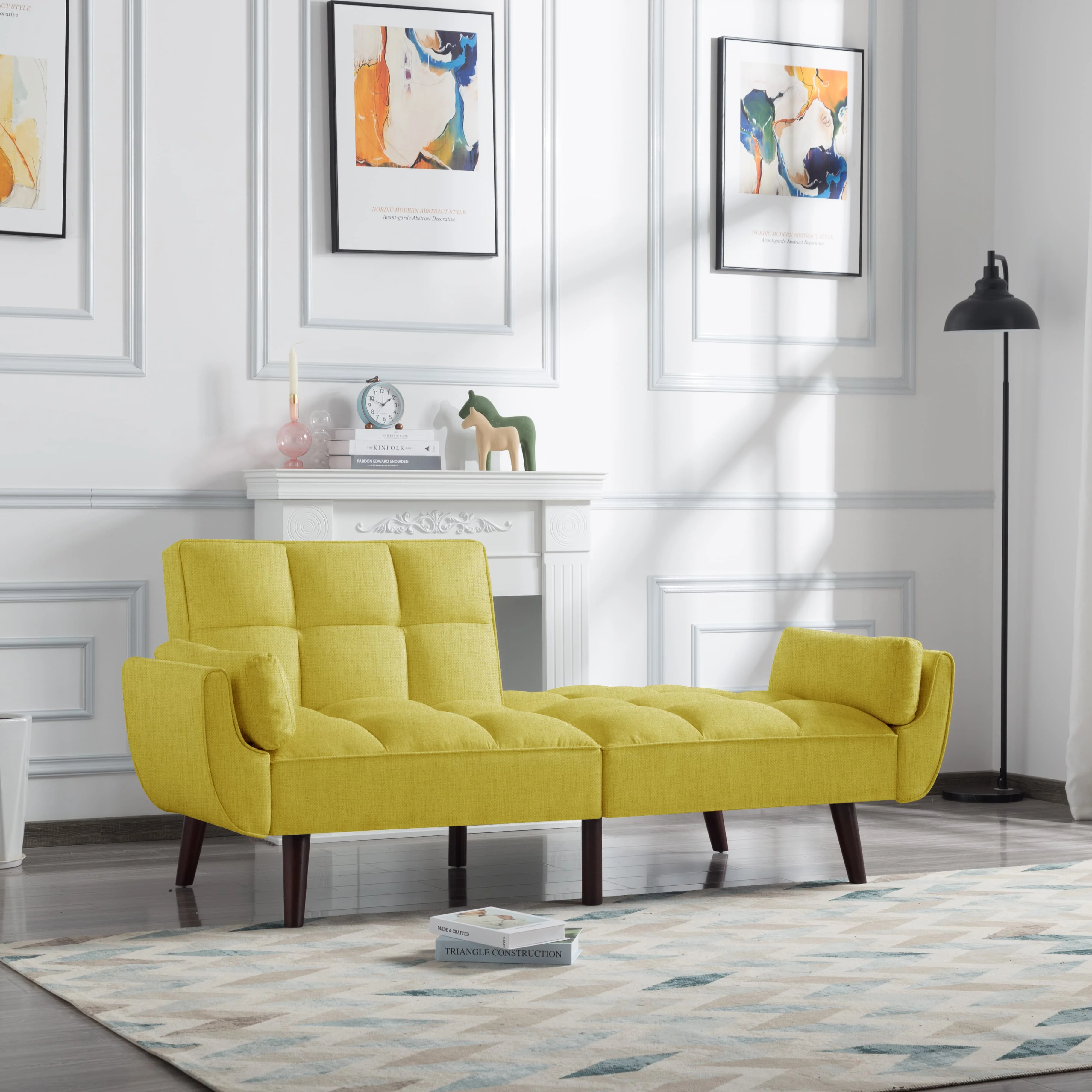 BSHTI 74.4 inch Foam Futon Sofa Bed,Converted Futon Sofa Sleeper with 2 Pillows for Livingroom(Yellow)