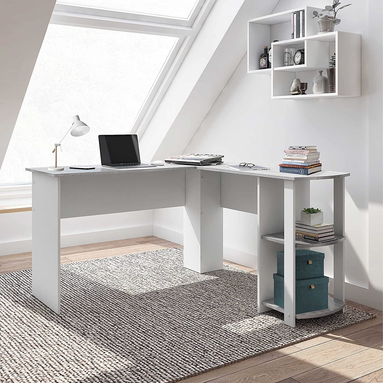 AngLink Shaped Desk - Modern Computer Desk with Corner Bookshelf & Side Storage Shelves for Home Office Accessories - Elegant, Space-Saving