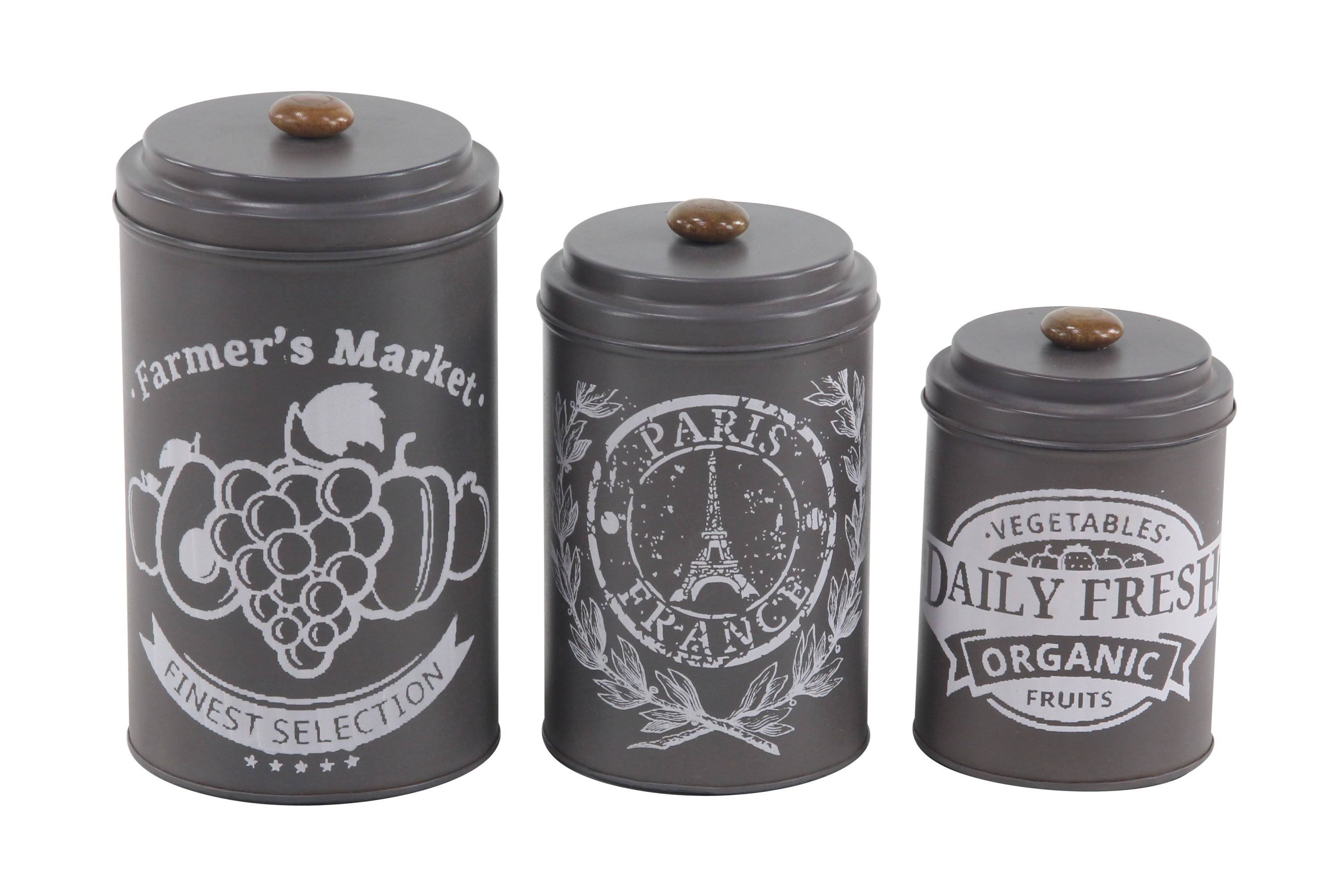 Decmode Farmhouse 7, 9 and 10 inch Black Tin Canisters with Wooden Lid - Set of 3
