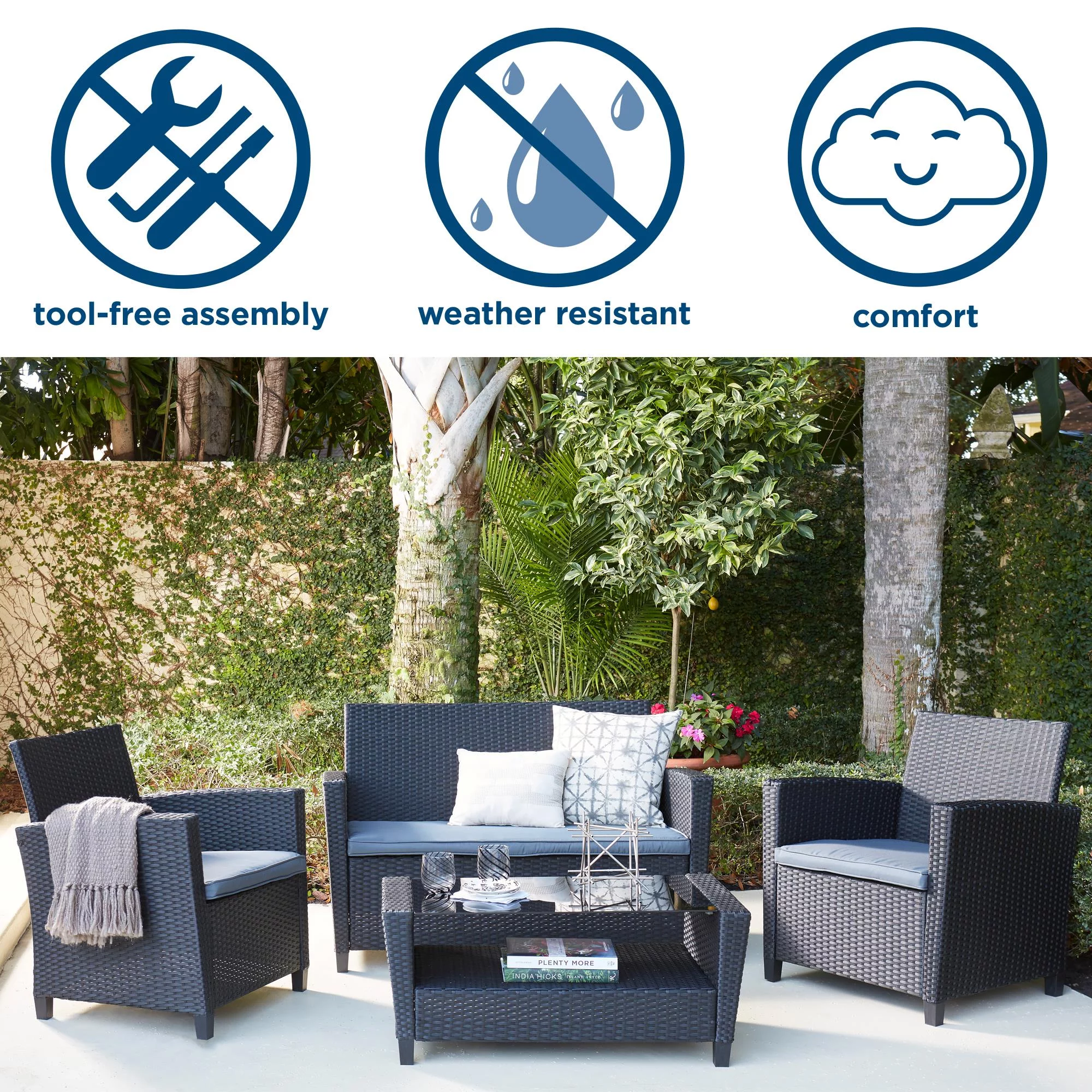 COSCO Outdoor 4 Piece Conversation Set, No Tools Assembly, Gray Cushions, Black Resin Wicker