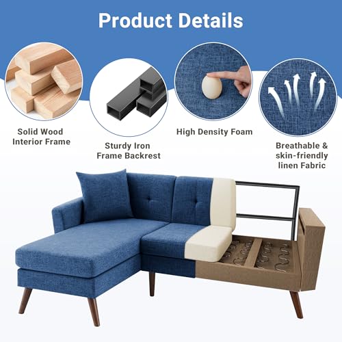 Tbfit L Shaped Couch Sofa, 80" W Mid-Century Modern Sectional Couches, 3 Seater Sofas with Wide Chaise Lounge & Two Pillows