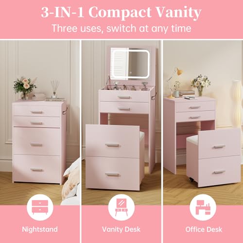Compact Vanity with 3 Drawers, 3 in 1 Vanity Desk, Makeup Desk with Flip-up 3 Colors Lighting Mirror and Cushioned Stool