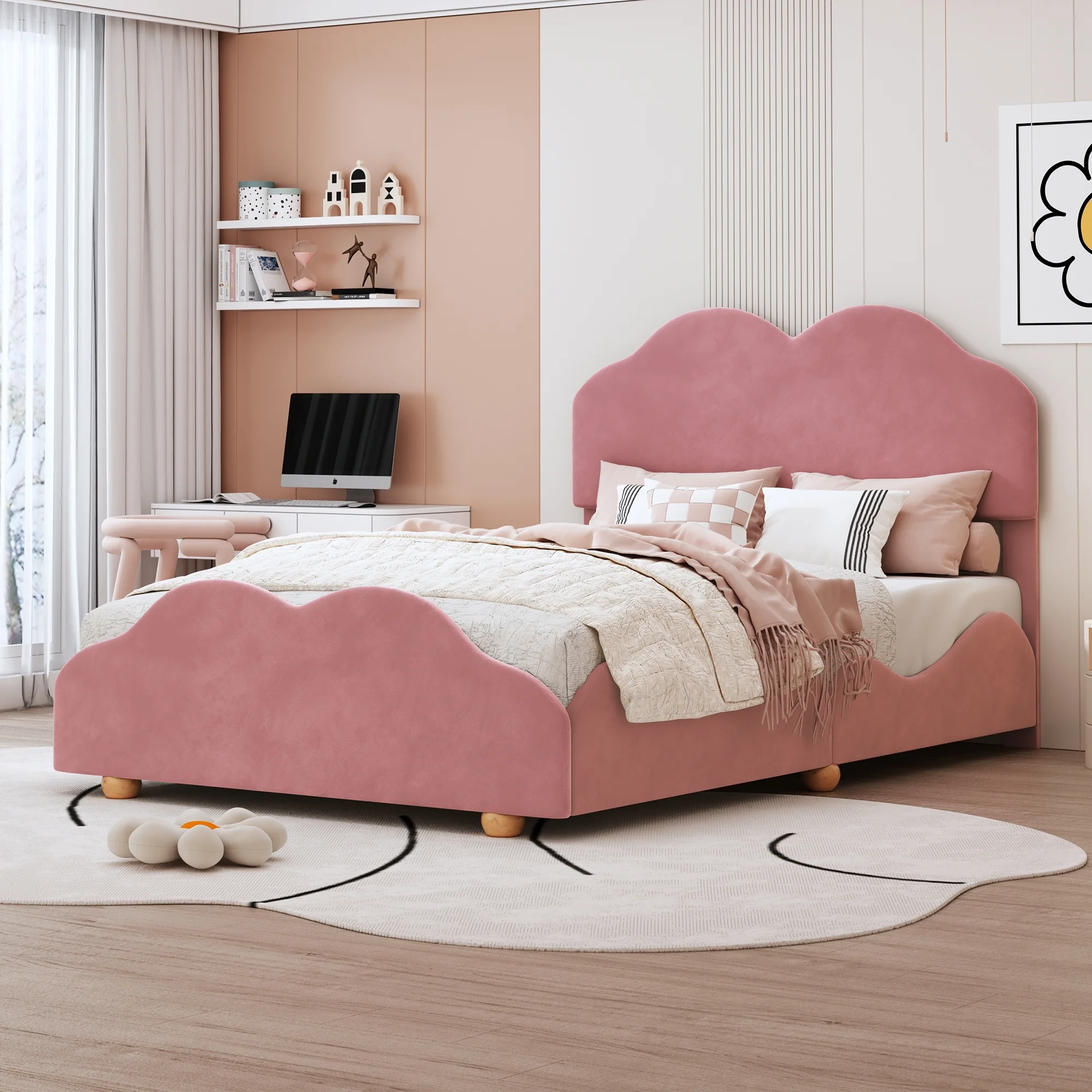 uhomepro Upholstered Full Size Bed Frame, Platform Bed Frame with Upholstered Cloud Shaped Headboard, Wood Slat Support, No Box Spring Needed
