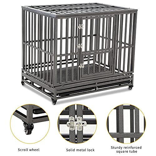 LUCKUP Heavy Duty Dog Cage Metal Kennel and Crate for Medium and Large Dogs, Pet Playpen with Four Wheels,Easy to Install,42 inch,Black