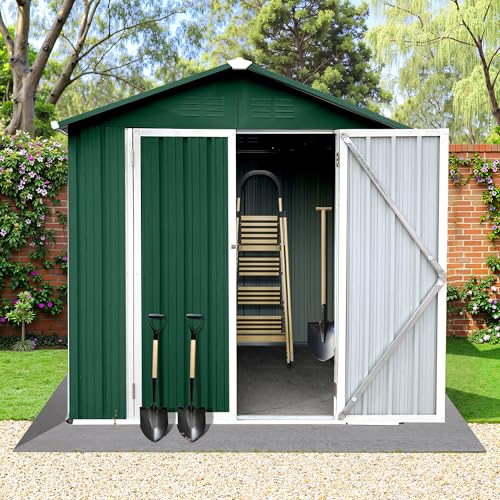8x6 FT Outdoor Storage Shed, Metal Tool Shed with Lockable Doors, Peaked Roof & Frame Floor