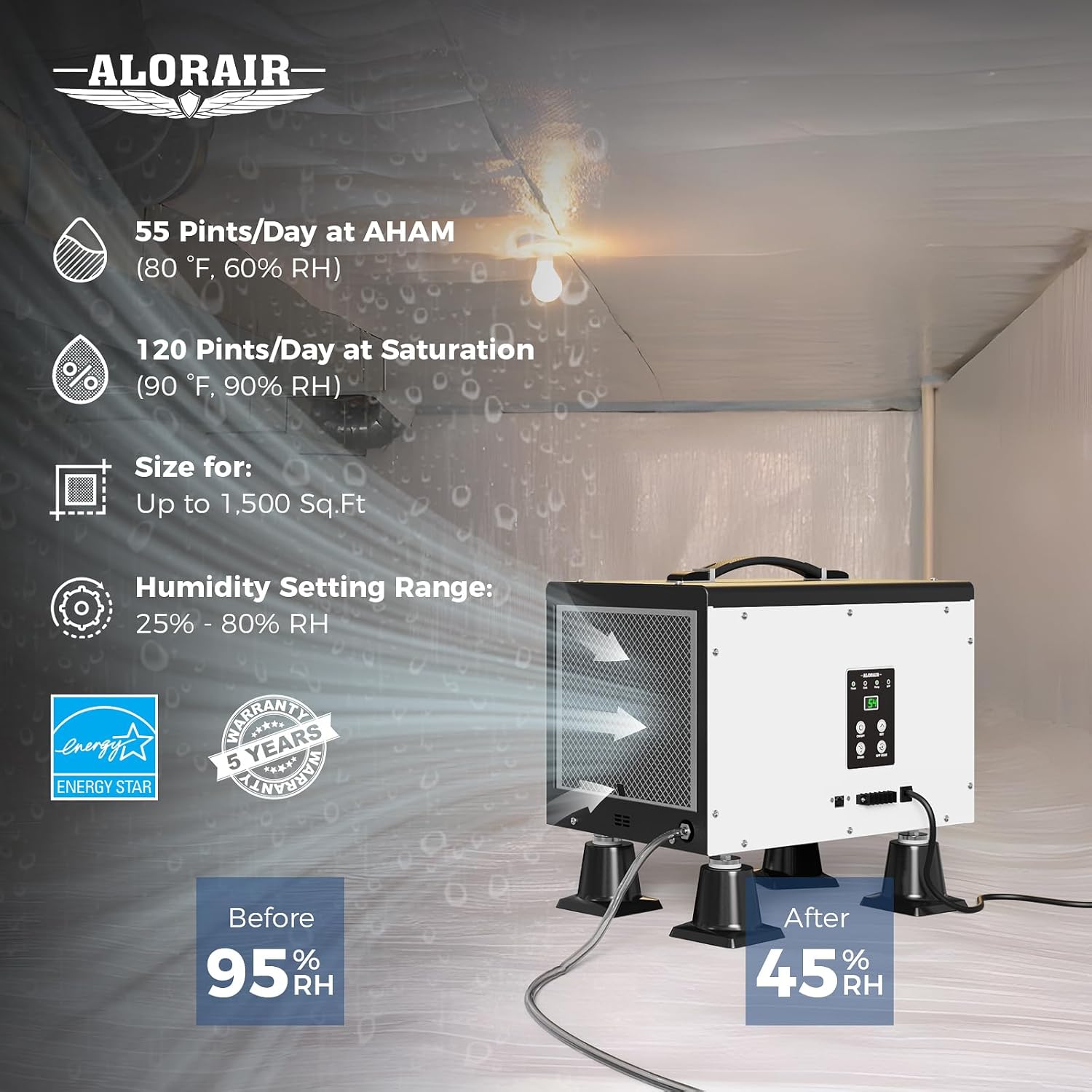 ALORAIR Crawl Space Dehumidifier, 120 PPD Energy Star Crawlspace Dehumidifiers with Drain Hose and Pump for Basement