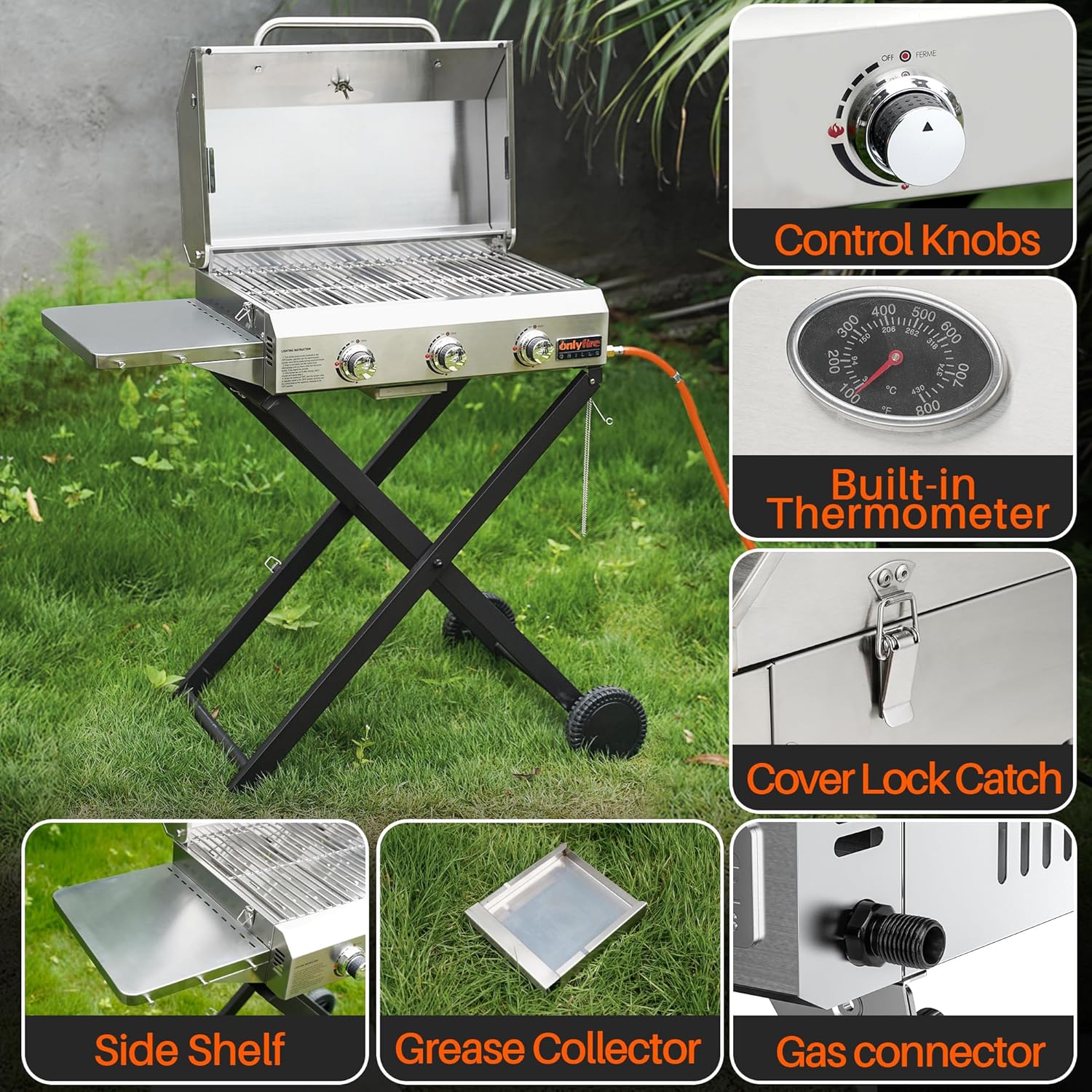 Onlyfire 3 Burner Gas Grill Trolley BBQ Gas Grill with Grill Grate 7 kW Grill Surface 56.5 x 34 cm with Side Tables, Foldable Trolley Wheels