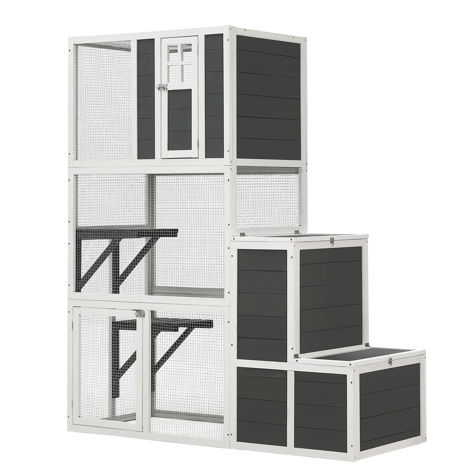 Syngar Luxury 3-Tier Wooden Cat Cage, Outdoor Medium Catio Enclosure with 2 Jump Platforms, 2 Resting Room, and 1 Loft