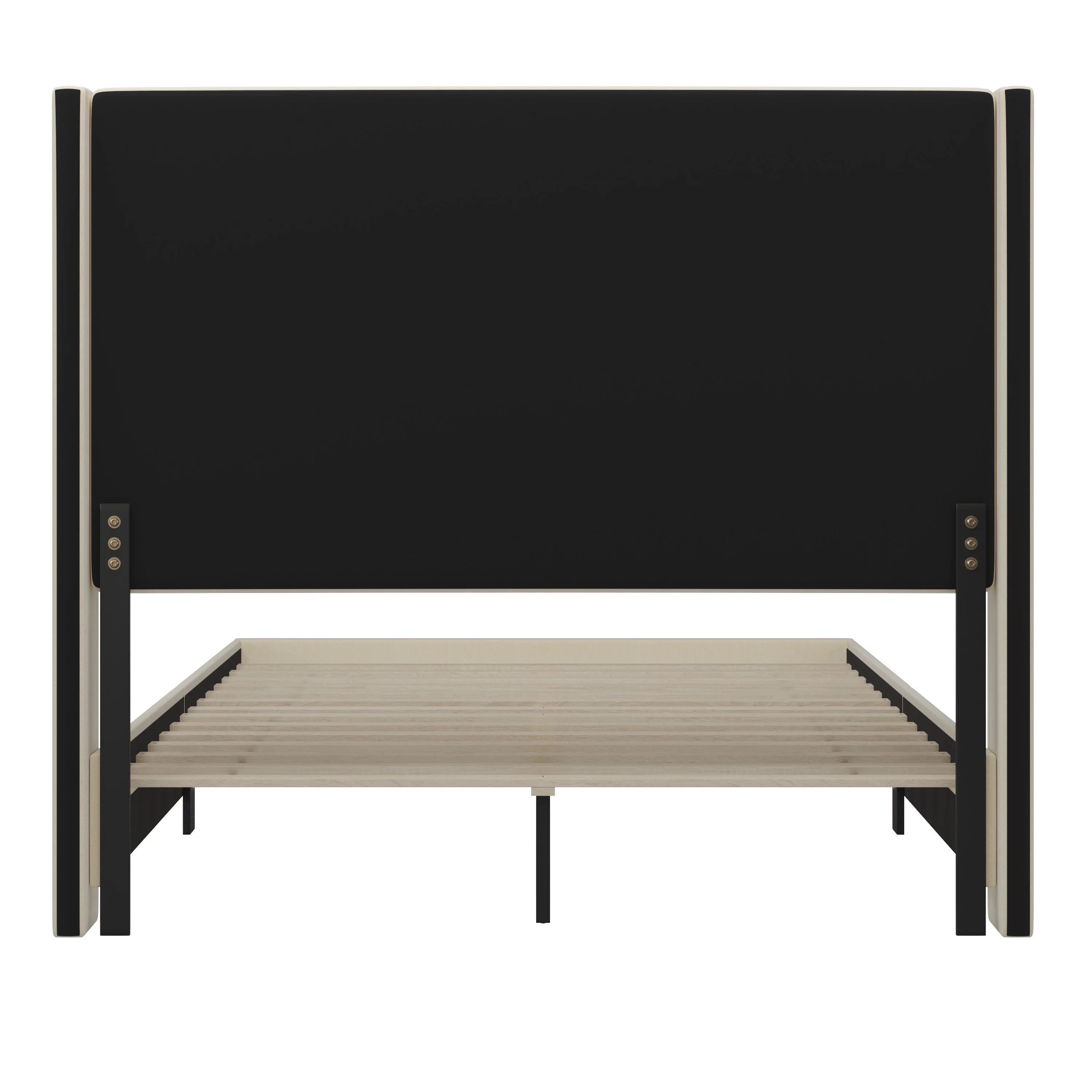 Merrick Lane Modern Queen Size Platform Bed Frame with Padded Faux Linen Upholstered Wingback Headboard and Wood Support Slats in Beige
