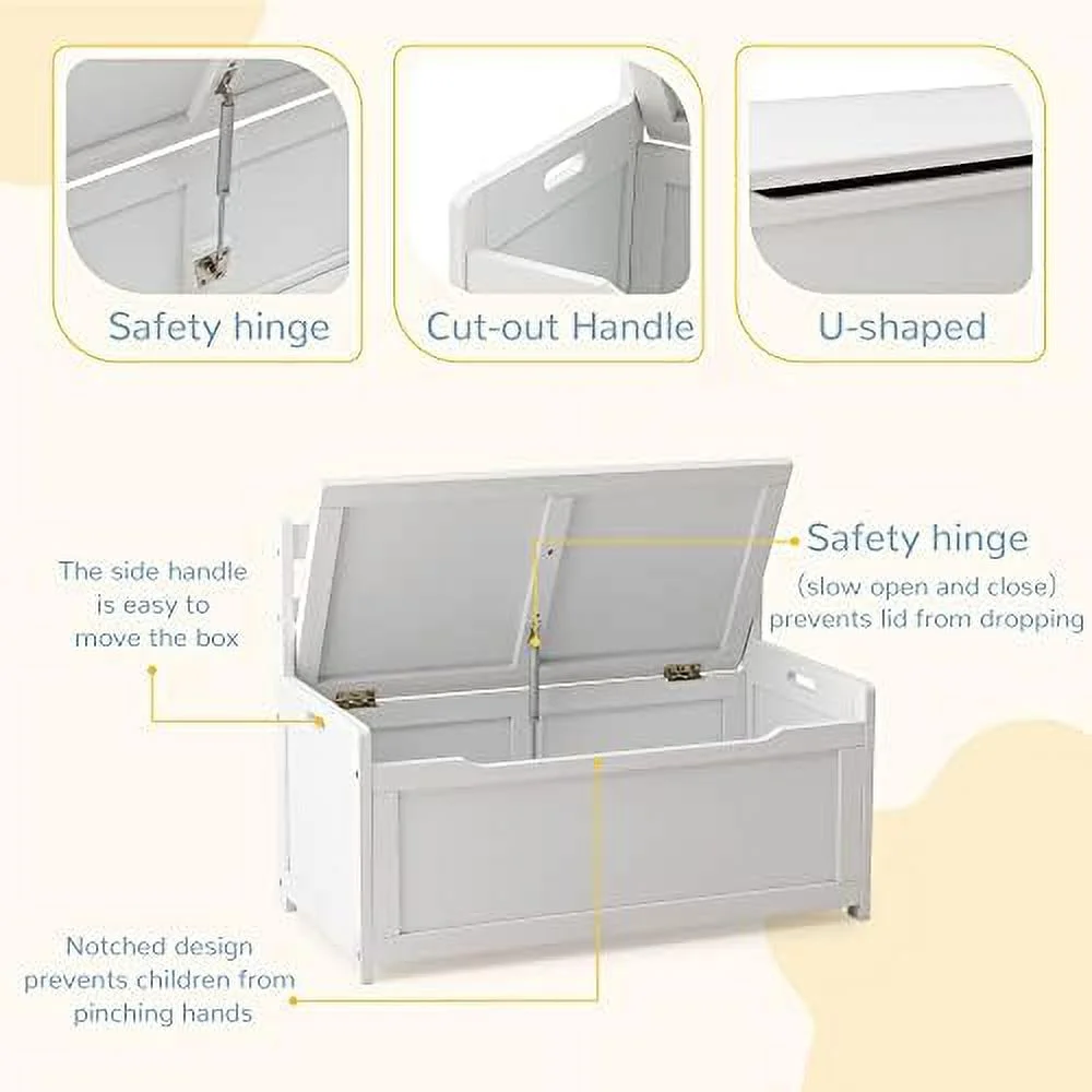 TJUNBOLIFE Toy Box Chest  White Rubber Wood Toy Box for Boys Girls  Large  Cabinet/Flip-Top Lid/Safety Hinge  Toy  Organizer Trunk for Nursery