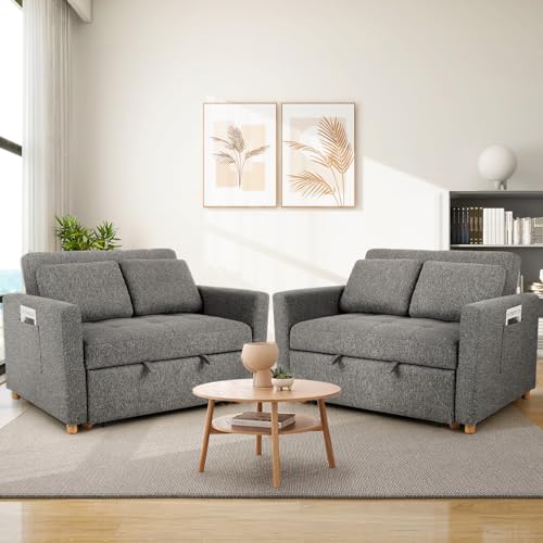 SEJOV 3-in-1 Convertible Sofa Bed, Linen Fabric Sleeper Couch Pull Out Bed, 49" 2-Seater Loveseat Futon Sofa with Spring Support