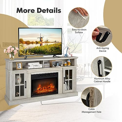 COSTWAY Electric Fireplace TV Stand for TVs Up to 65 Inches, 1400W Heater Insert with Remote Control, 6H Timer, 3-Level Flame