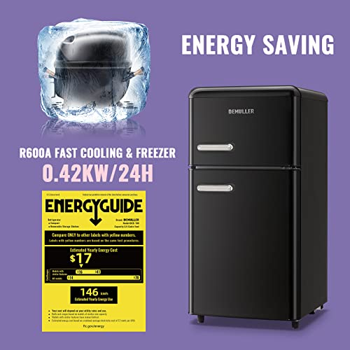 DEMULLER Mini Refrigerator 3.5 Cu.Ft Dual Door Fridge with Handle Adjustable Temperature with Top Mount Freezer Ideal for Home, Office, Dorm
