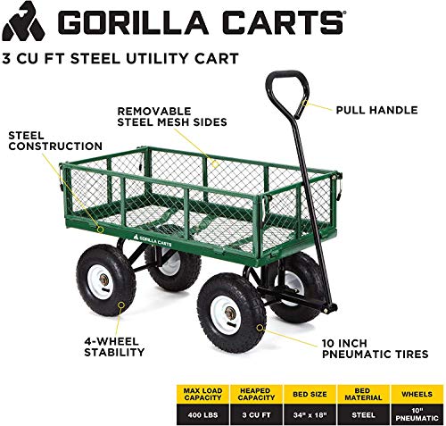 Gorilla Carts Steel Utility Wagon w/ Removable Side Panels, 1000 lb Capacity, Gray