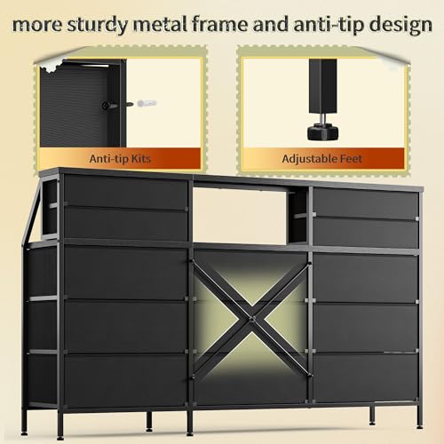 55" W Dresser for Bedroom, Dressers & Chests of Drawers with 13 Fabric Drawers and 2 Open Shelves, Long Vanity Dressers for Bedroom & Closet