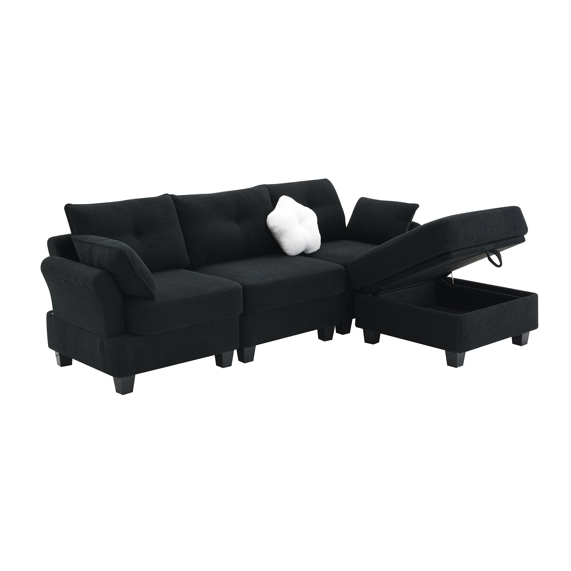 Fayen Velvet Sectional Sofa with Storage Ottoman - Black