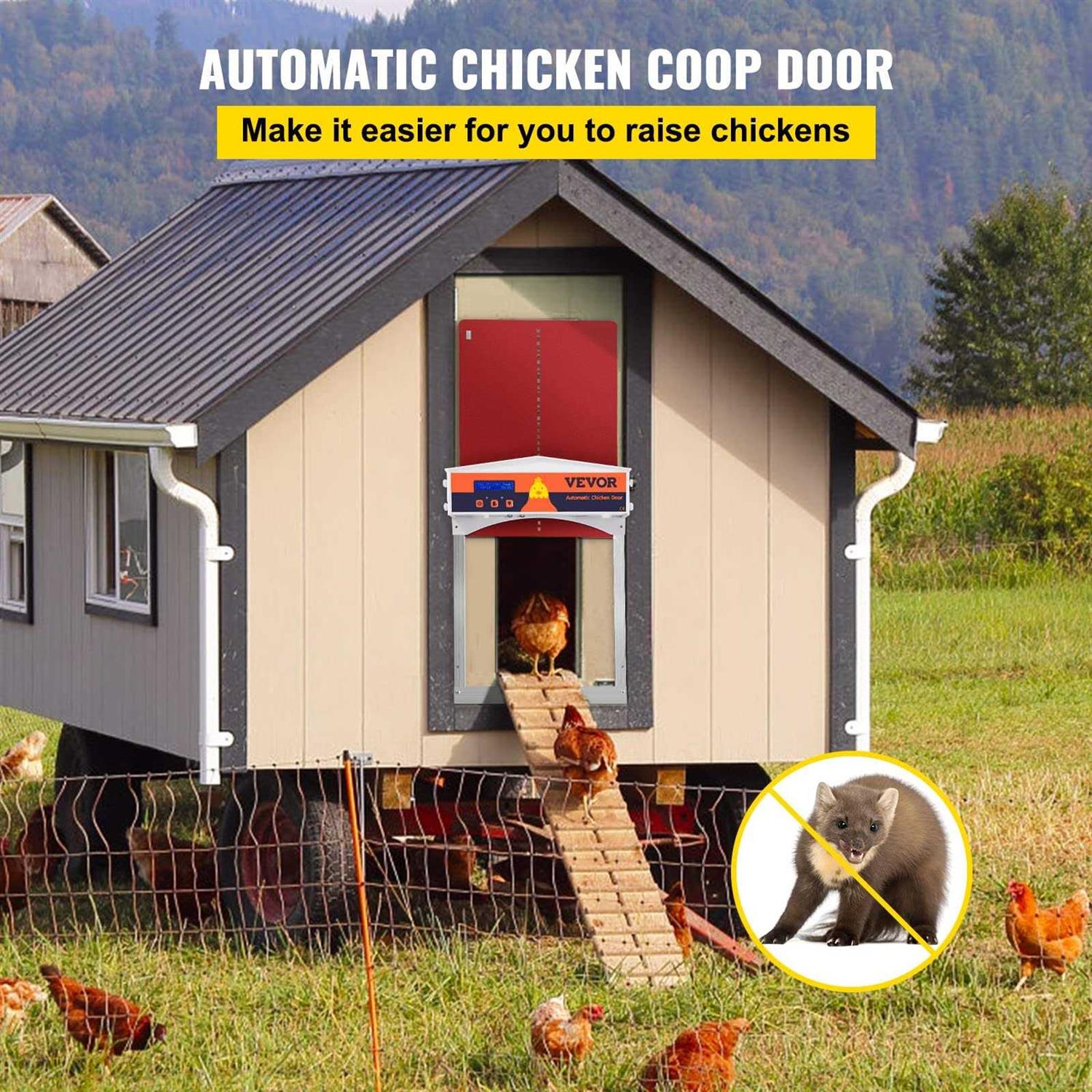 VEVOR Automatic Chicken Coop Door Chicken Door with Timer and Light Sensor Battery Powered Auto Door Opener of Full Aluminum Predator-Proof