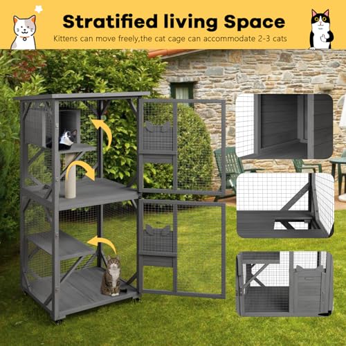 OFIKA Cat House Catio Outdoor Enclosure with Waterproof Roof,71'' cat House & Condos on Wheels for Outdoor Patio,Cat Window Box,Scratching Post（White）