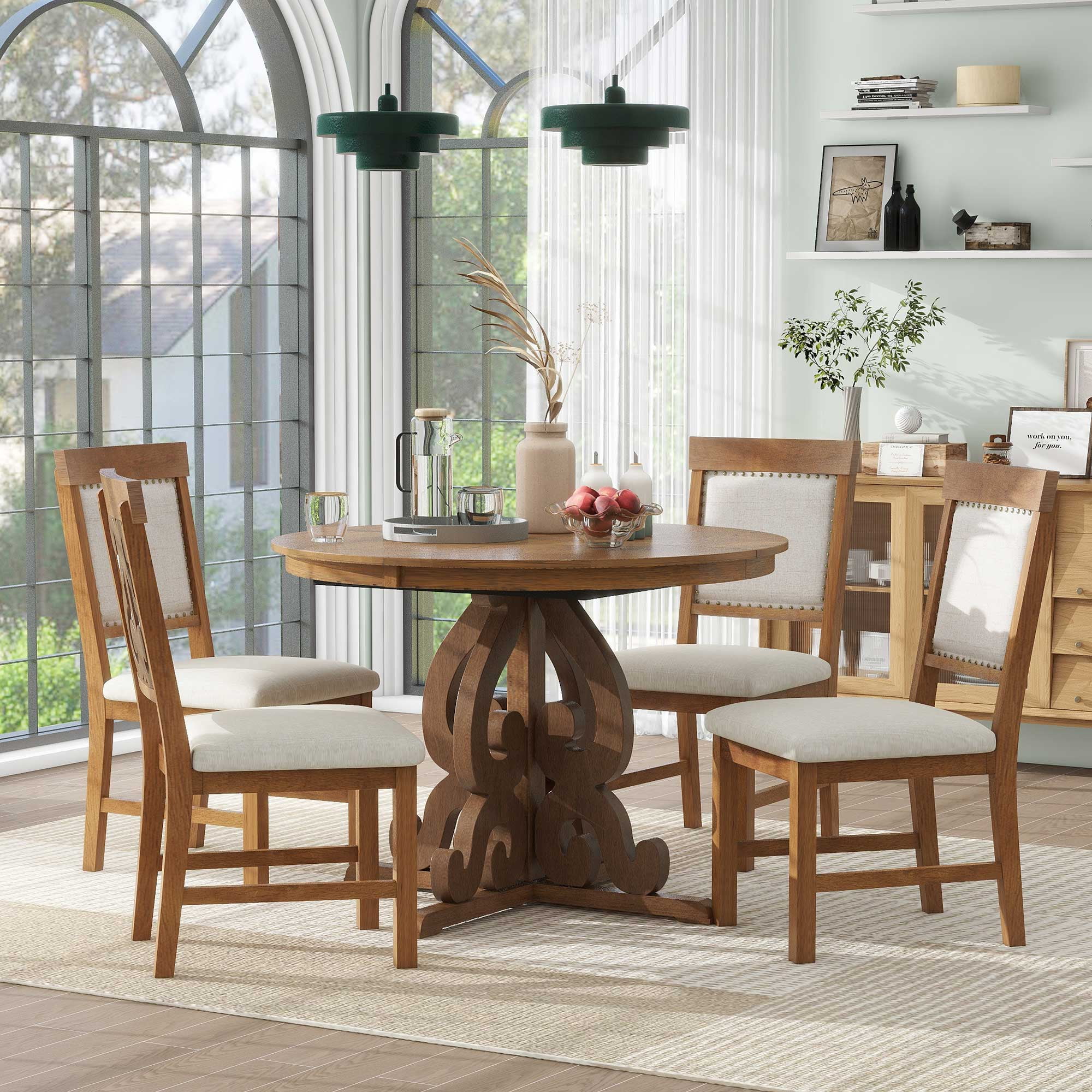Dining Table Set for 4, Atumon Dining Room Set with Extendable Round Table and 4 Upholstered Dining Chairs