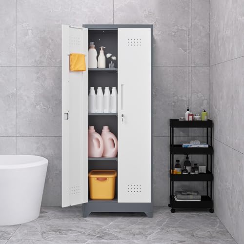 GREATMEET Broom Storage Cabinet, 65" Metal Utility Closet for Brooms and Mops, Cleaning Supply Cabinet with Pegboard