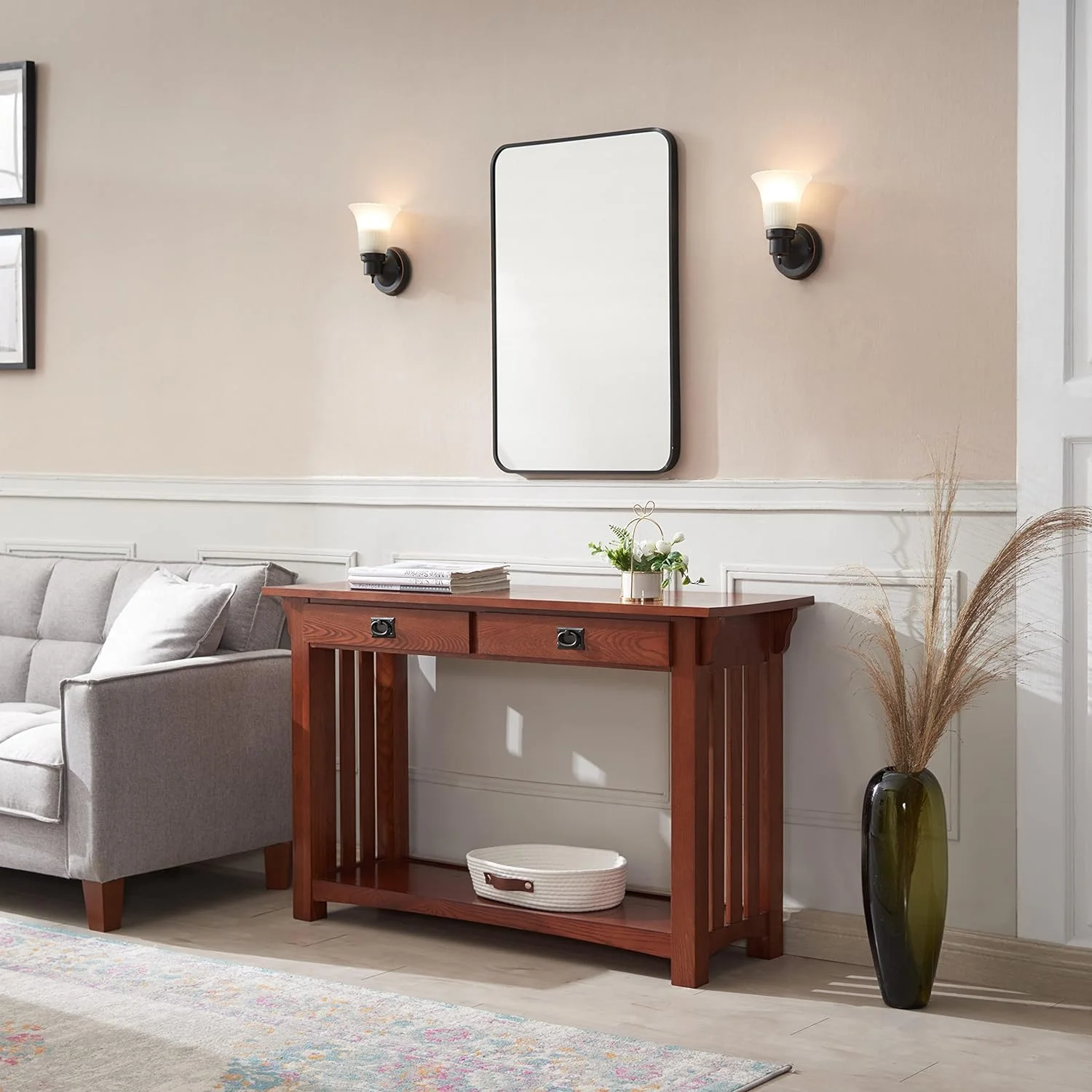 8233 Mission Impeccable Two Drawer Hall Console Table With Shelf, In X 16 In X 30 In (D X W X H), Medium Oak