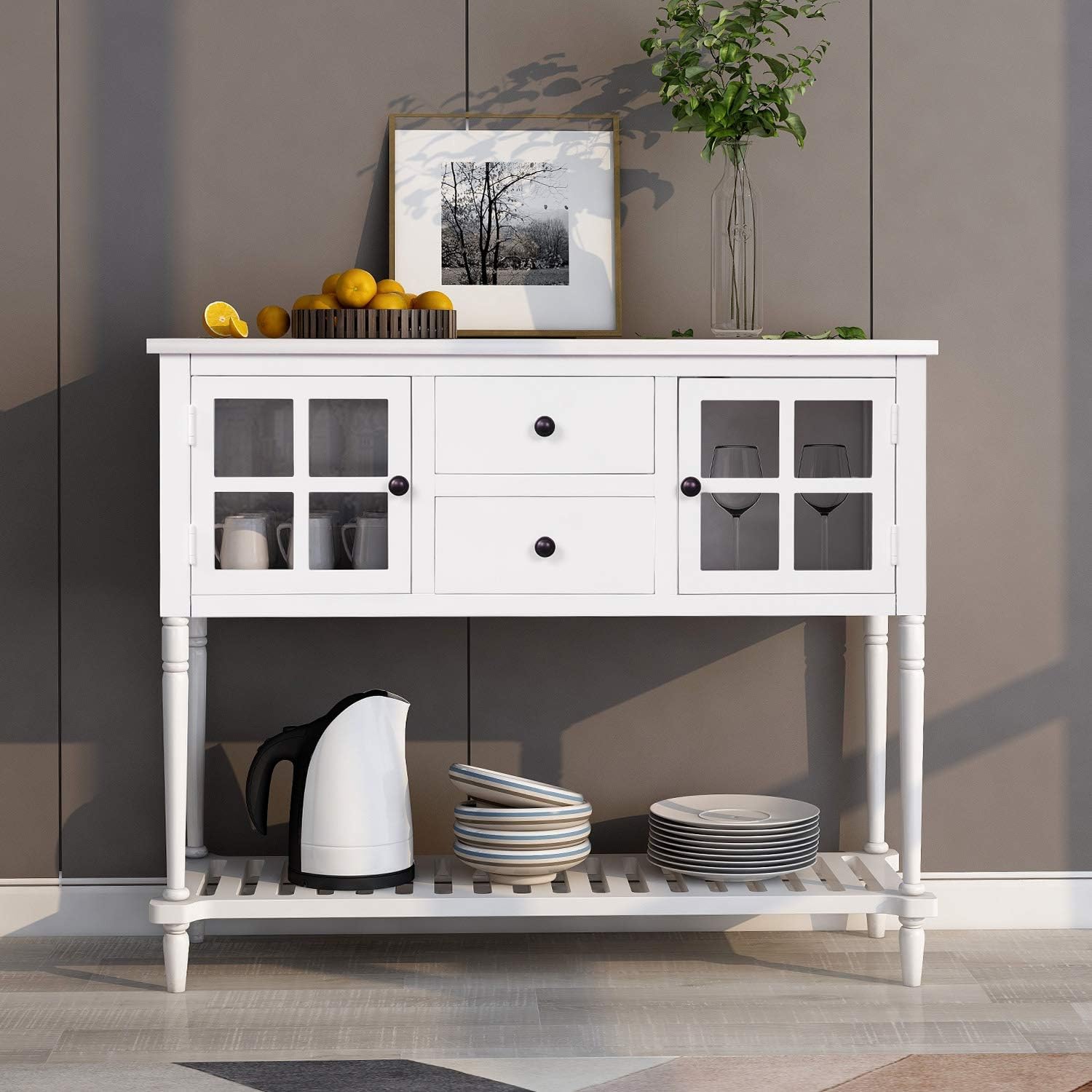 Knocbel 42 Inch Antique Console Table with Glass Doors, Drawers and Bottom Slatted Shelf