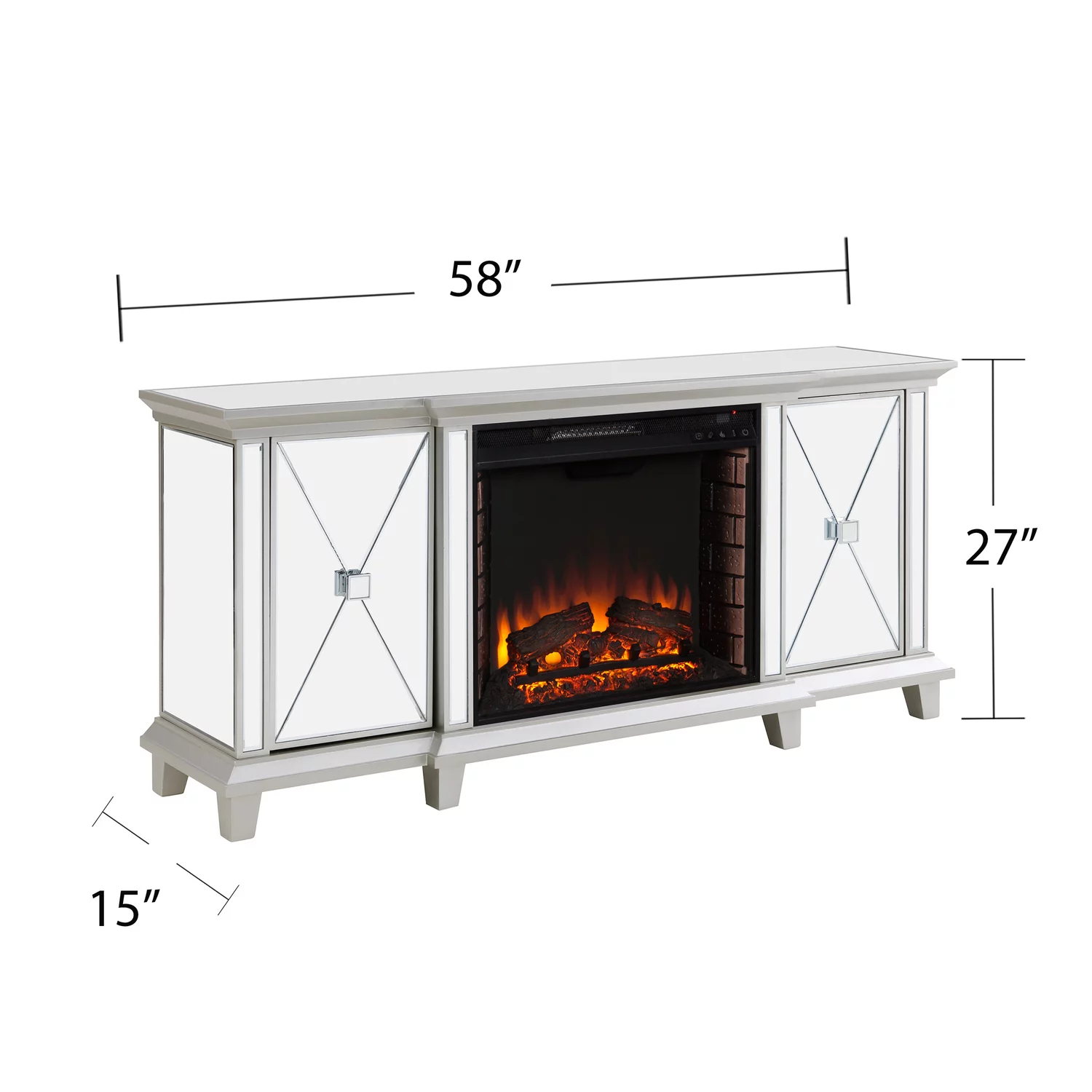 Toppington Mirrored Electric Fireplace Media Console in Mirror/Silver
