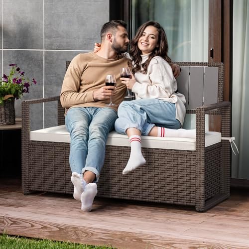 YITAHOME 90 Gallon Outdoor Wicker Storage Bench w/Cushion, Large PE Rattan Deck Storage Box w/Handles & Hydraulics for Patio Furniture, Cushions