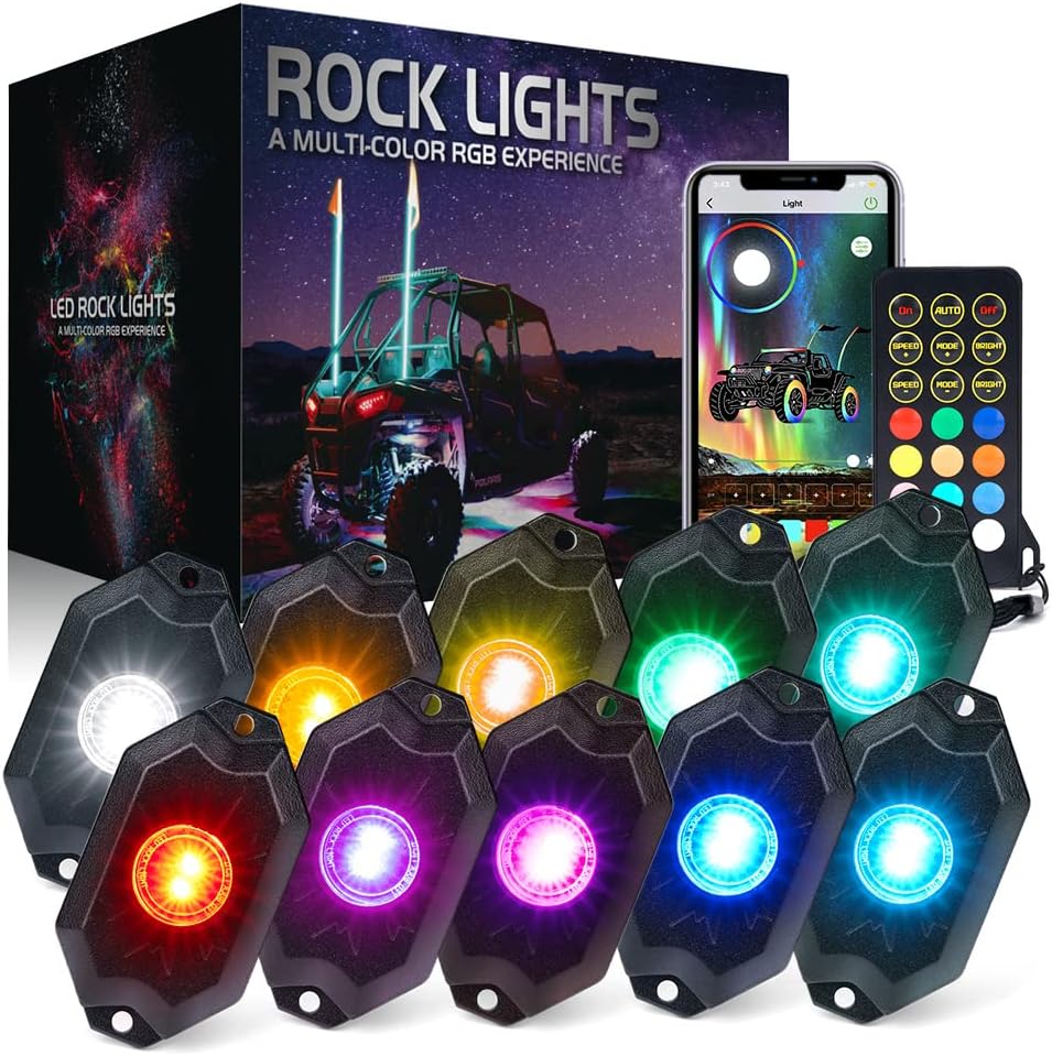 Xprite RGBW LED Rock Lights Kit w/Bluetooth & Wireless Remote Controller, Multicolor Cars Underglow, Whee Well, Footwell Neon Light Kits