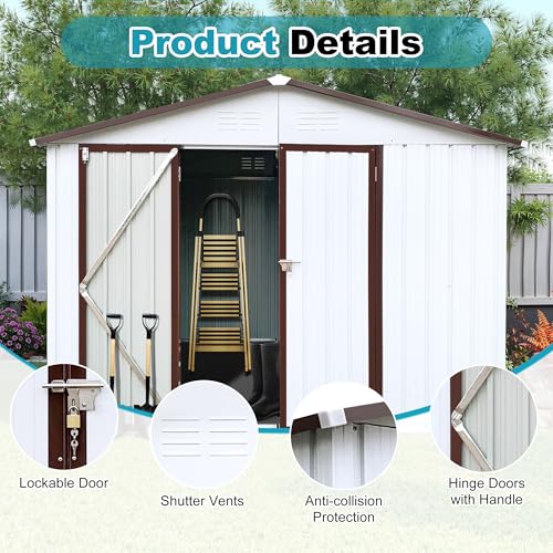 8x6 FT Outdoor Storage Shed, Metal Tool Shed with Lockable Doors, Peaked Roof & Frame Floor