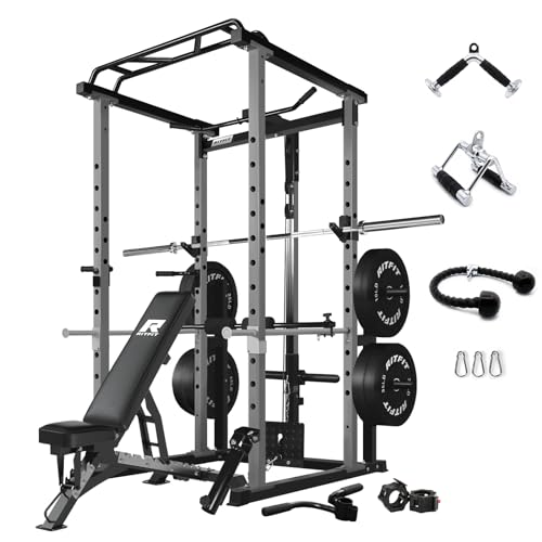 RitFit Power Cage with Optional LAT PullDown/Cable Crossover/Smith Machine System, 1000LB Squat Rack for Home & Garage Gym